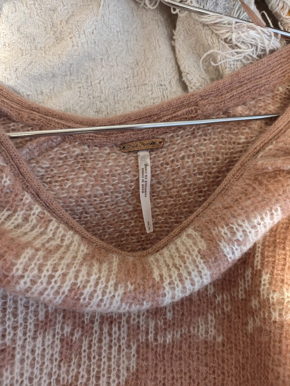 Free People Dusty Pink & Cream Fuzzy Knit Scoop Sweater